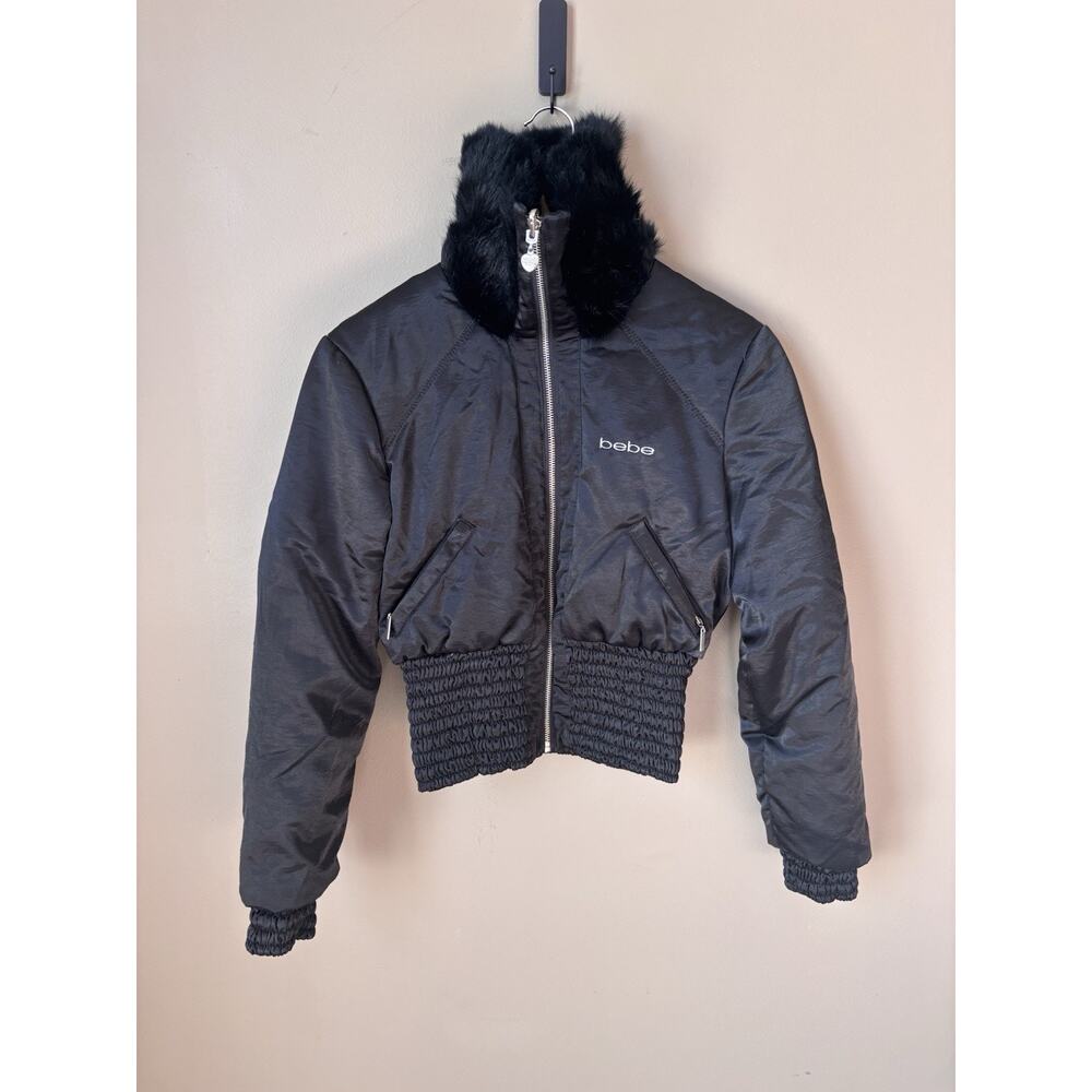 Vtg BEBE Jacket Womens Small Faux Fur Collar Bomber Satin Cinched Hem Pockets